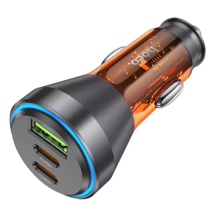 Car charger with dual USB-A 18W port. Supports for QC3.0 / QC2.0 / FCP / AFC and other fast charging protocols. Transparent shell. Blue charging indicator. Available sets with cable USB-A to Micro-USB or USB-A to Type-C.